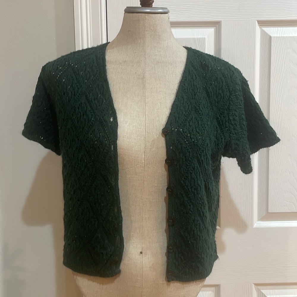 Vintage Norton McNaughton crop sweater cardigan green short sleeve women size P
